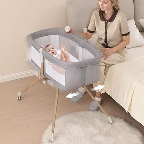Baby Bassinet Bedside Sleeper, 3 in 1 Cradle,Easy Folding Portable Travel Cribs for Infant, Silent Wheels,Included Mattress(Light Gery)