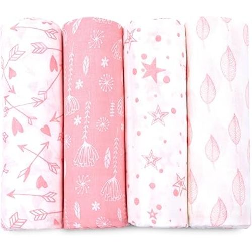 Bublo Baby Muslin Swaddle Blankets, Swaddle Blanket for Baby Boys and Girls, 4-Pack Breathable Premium 100% Cotton Baby Receiving Blankets, Exta Large Size 47x47 Inches, Pink