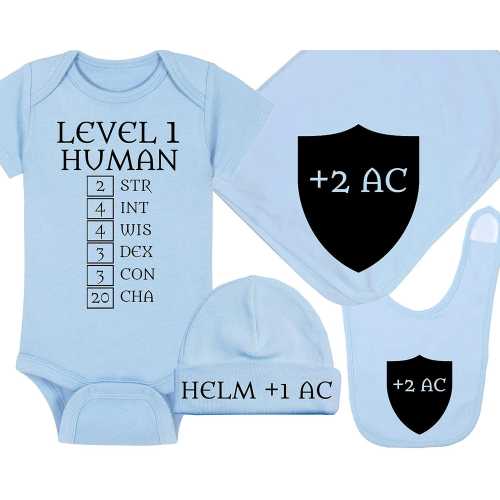Gaming Baby Onesie® / Hat / Blanket / Bib Package Combinations - Level 1 Human With Ability Scores High Charisma / Helm +1 AC / Shield +2 AC
