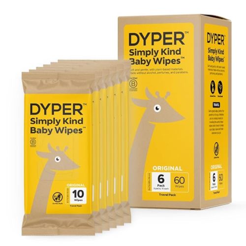 DYPER Baby Wipes | 99% Water Wipes | 100% Plant-Based | Hypoallergenic for Sensitive Skin | Honest Ingredients | Fragrance Free | Plastic-Free (60 Travel Wipes (Pack of 6))