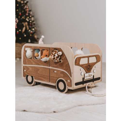 Personalized Wooden Toy Wagon | Pink Retro Van Storage Cart for Toddlers | Boho Nursery Decor | Custom Baby Girl Gift | Kids Pull Toy Box