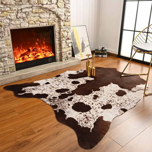 YJ.GWL Faux Cowhide Rug Cow Print Area Rugs Cow Hide Carpet for Bedroom Living Room Home Office Western Decor,4.6'x5.2',Brown