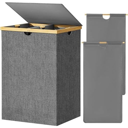 WOWLIVE 165L Double Laundry Hamper with Lid Bamboo Laundry Basket 2 Section,Large Dirty Clothes Hamper with Removable Laundry Bags,Laundry Bin Organizer Storage for Dorm,Bedroom,Bathroom,Dark Gray
