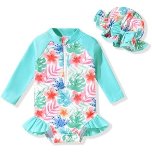 Aalizzwell Baby Girls Long Sleeve One Piece Swimsuit with Hat