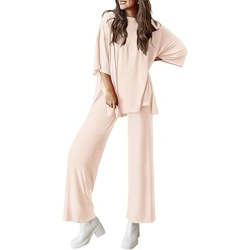 PRETTYGARDEN Women's 2 Piece Outfits Casual Short Sleeve Pullover Tops and Wide Leg Pants Lounge Sets Tracksuits