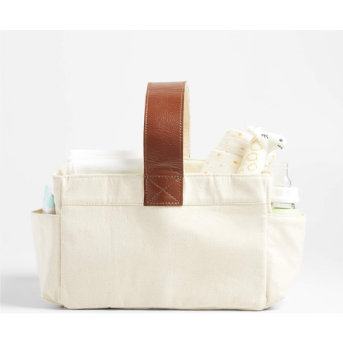 Canvas Diaper Caddy Organizer with Brown Leather Handle