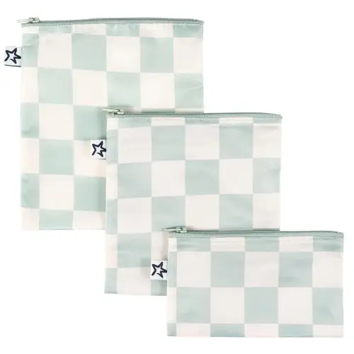 Tiny Twinkle 3 Pack Reusable Snack Bags - Machine Washable, PFAS, PVC, BPA, Phthalate-Free Reusable Baby and Toddler Food Safe Snack Bags (Sage Checkers)