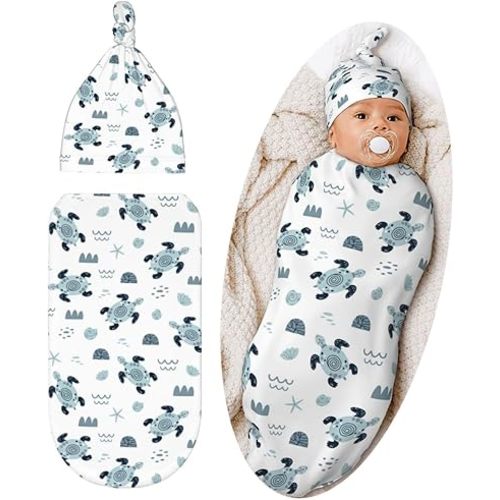 Sea Turtle Baby Stuff Swaddle Blanket Set with Beanie Hat for Boys and Girls, Soft and Stretchy Newborn Sleeping Sack Receiving Blanket Shower Gift