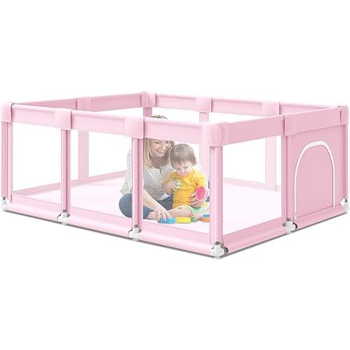 Parque infantil para bebés, parque infantil grande de 74 x 50 pulgadas, parque infantil para bebés y niños pequeños con puerta, centro de actividades de seguridad para bebés para interiores y exteriores (rosa)