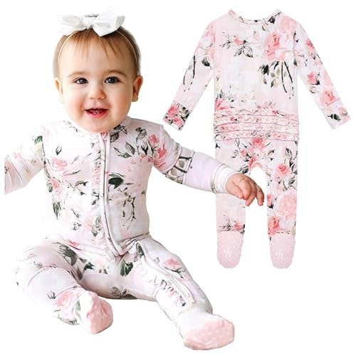 Posh Peanut Footie Pajamas for Baby Girls – Sleepers in Viscose from Bamboo with 2-Way Zipper & Ruffle Trim