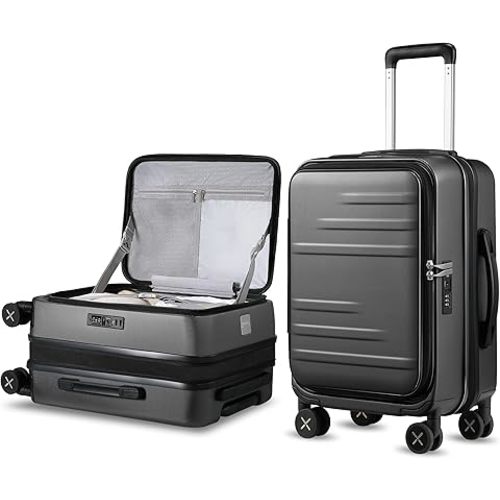 LUGGEX Carry On Luggage for Travel Front Opening, Expandable Polycarbonate Hard Shell Suitcase with Wheels for Men Women Chrismas Birthday(Charcoal Metallic, 19 Inch, 27.2L)