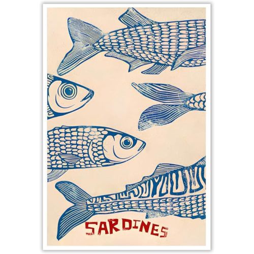 Nautical Blue Sardines Art Print - Minimalist Linework with Scarlet Red Typography & Textured Scales, Modern Coastal Wall Decor for Kitchen/Living Room, Gallery-Quality Unframed Canvas 16x24inch