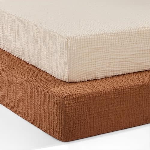 Pro Goleem 2 Pack Muslin Crib Sheets for Boys and Girls, 100% Cotton Soft Breathable Neutral Fitted Baby Bed Sheets Set for Standard Crib Mattress & Toddler Mattress 52"x28", (Brown＆Beige)
