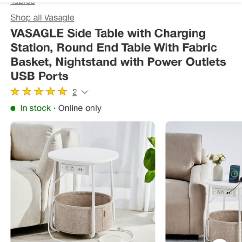 Vasagle Side Table With Charging Station, Round End Table With Fabric Basket, Nightstand With Power Outlets Usb Ports Matte White And Camel Brown