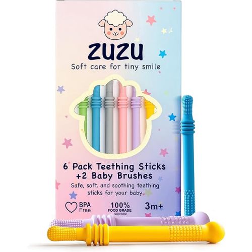Zuzu 6‑Pieces Baby Teether Teething Sticks , Montessori Toy for 3 6 9 12 24 36 Months, Newborn, Infant Sensory Relief Toy, Parent & Baby Essentials, 0 1 2 3 Years Gift – BPA‑Free, Food‑Grade Silicone