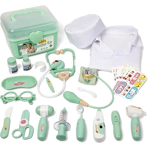 Liberry Doctor Kit for Toddlers 3 4 5 Years Old, 30-Piece Kid Doctor Toy with Stethoscope, Costume, Green Medical Pretend Play, Birthday Gift for Girls Boys