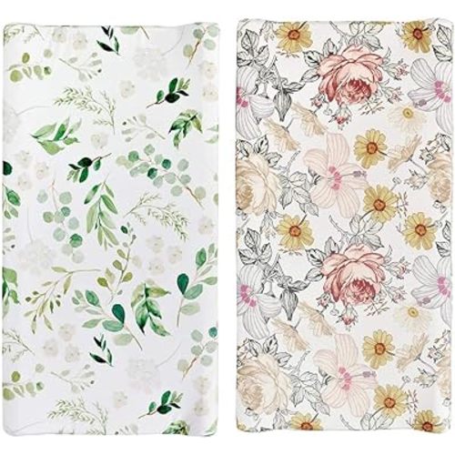 Stretchy Changing Pad Cover – Ultra Soft Diaper Changing Pad Table Sheets for Girls Boys Pure Cotton Safe and Snug Cradle Sheets Machine Washable Fit 32"/34'' x 16"Pad (Green Leaf + Flower)…