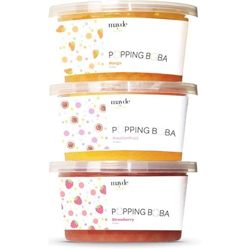 Mayde Bursting Popping Boba Pearls, Strawberry, Mango, Passion Fruit - 3 Flavor Party Kit (490 gms, 3 pack)