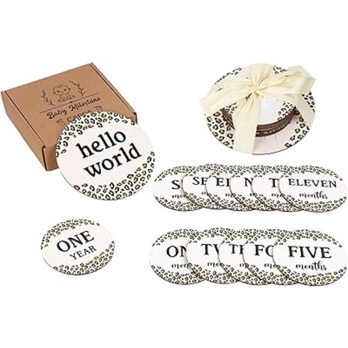Sursurprise Leopard Print Milestone Cards, Baby Monthly Milestone Markers, Wooden Milestone Cards, 13PCS Leopard Print Double Sided Hello World Newborn 1-12 Months Circles Discs Signs Props