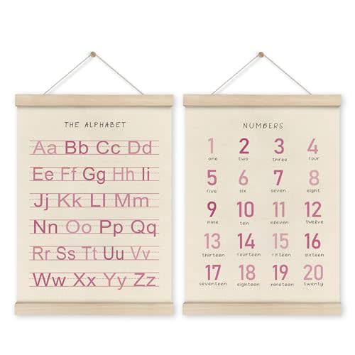 HRQKO Alphabet Numbers Poster Hanger Frame Set of 2, Pink Girls Nursery Wall Decor, ABC Poster Wall Art with Wooden Frames, Pink Alphabet Banner Wall Hanging Decor for Toddler Playroom, 12x16 Inch