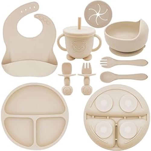 Silicone Baby Feeding Set | Baby Led Weaning Supplies Includes Suction Bowls and Divided Plates, Adjustable Bib, Baby Utensils Spoons and Forks,Cup | Baby Feeding Essentials (Beige)