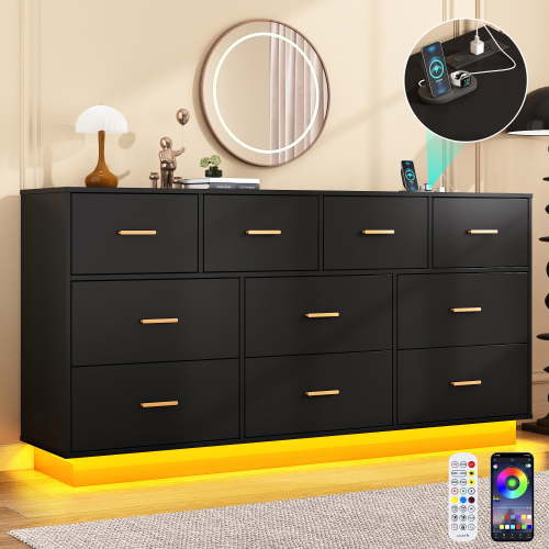 ChVans 10 Drawer Dresser with 60000-color LED Lights & Power Outlet, 63'' Long Modern Chest of Drawers for Closet, Wide Drawer Organizer Cabinet for Bedroom, Living Room, Entryway, Hallway