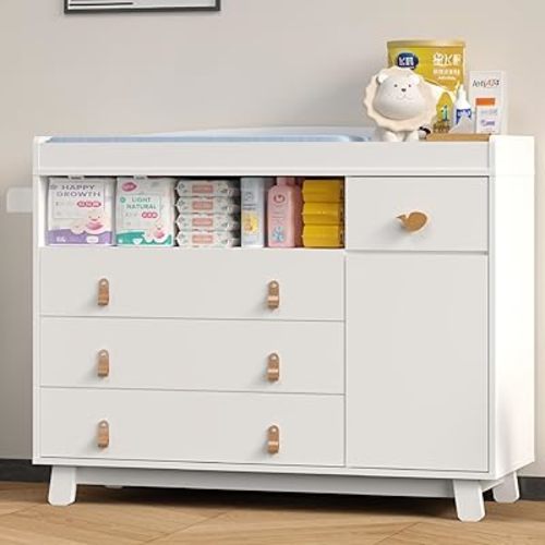 Baby Dresser with Changing Table Top, Baby Changing Table Dresser with 4 Drawers and Adjustable Shelves, Multi-Functional Diaper Changing Station, Nursery Organizer for Kids Bedroom, White