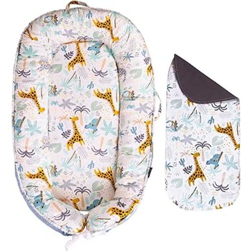 Baby Lounger 0-24 Months - Infant & Newborn Lounger with 2-Inch Mattress Pad, Soft Baby Lounger Cover, Waterproof Urine Liner & Pad Cover - Available in 15 Patterns - BL11 Cotton Sky Birds & Giraffes