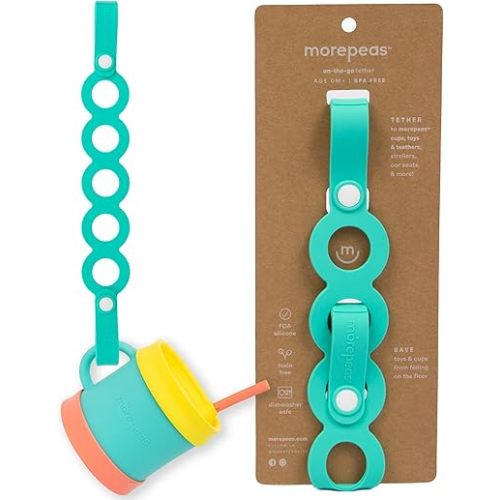 morepeas On-The-Go Tether - Stretchable Silicone Teether & Pacifier Clip - Baby Travel Essential - Stroller, Car Seat & Highchair Accessory