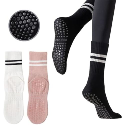 3 Pairs Womens Pilates Socks with Grips Yoga Socks Non Slip Grip Socks for Women for Gym Athletic Barre