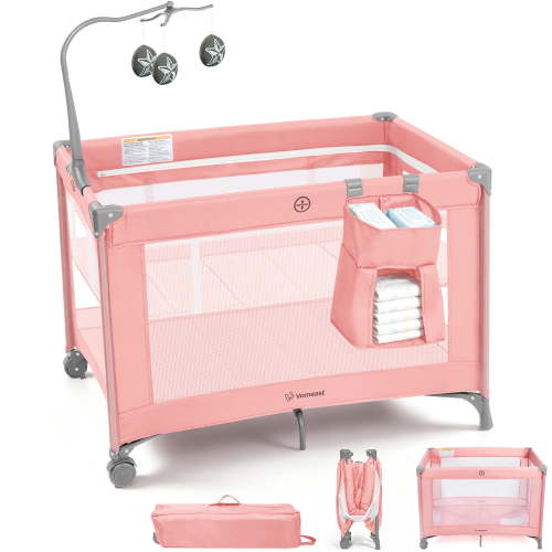 Vomeast Baby Playard Baby Bassinet,Foldable Crib Pack and Play with Toy Bar,Play Yard,0-5 Months(Pink)