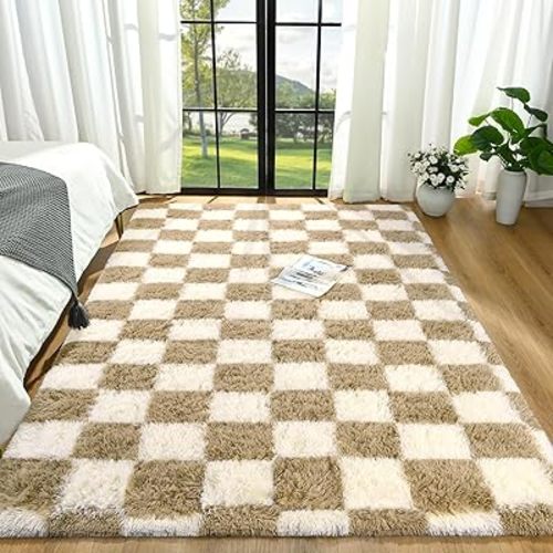 Beige and White Area Rugs, 5x7 Large Fluffy Rugs for Bedroom Living Room, Soft Shaggy Modern Indoor Carpets, Cute Plush Rugs for Kids Girls Room Nursery, High Pile Throw Rug for Home Decor
