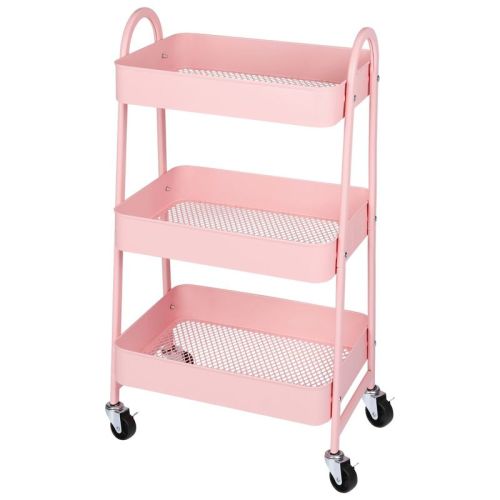 JIONJOY 3 Tier Utility Rolling Cart, Premium Metal Mobile Storage Cart with Lockable Wheels, Ultimate Organizer for Every Room in the House - Pink