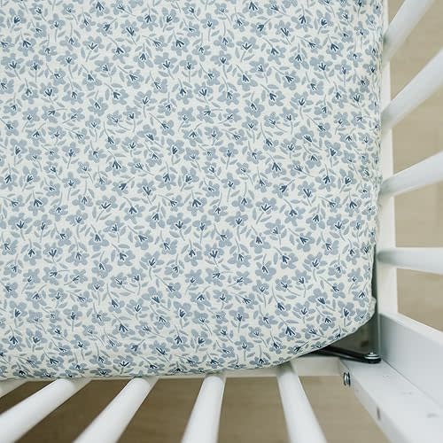 Blue Blossom Muslin Crib Sheet by Mebie Baby, Soft and Breathable Bed Sheets for Babies, Modern Neutral Bedding for Cribs, Standard Crib Mattress Fitted Sheet, Great for Boy or Girl Room