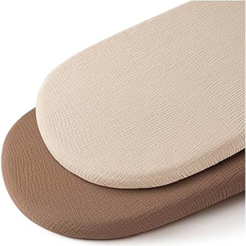 Konssy 2 Pack Muslin Fitted Bassinet Sheets for Baby Girl Boy, Soft Breathable Baby Bassinet Sheets Fit for Baby Bassinets, Cradle, Moses Basket Oval Rectangle Pad/Mattress (Brown,Summer Wheat)