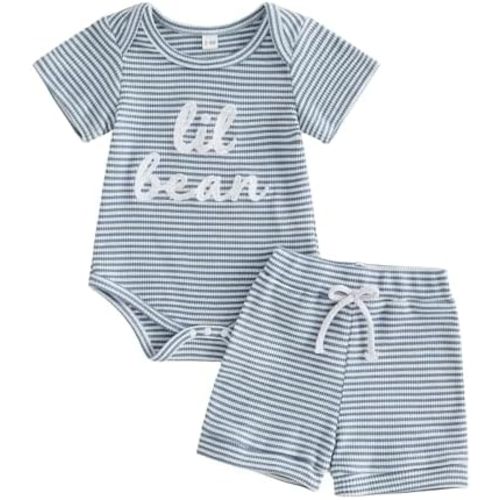 VISGOGO Newborn Infant Boy Summer Outfit Baby Boy Shorts Set Striped Letter Embroidery Romper Short Sleeve Bodysuit Clothes