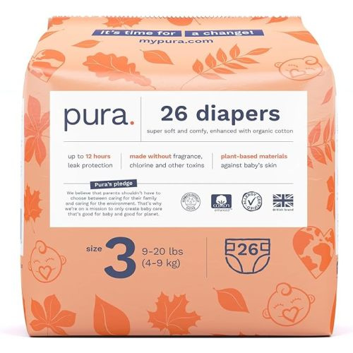 Pura Diapers | Hypoallergenic, Soft Organic Cotton Comfort, Sustainable, Wetness Indicator | Size 3 (9-20 lbs)