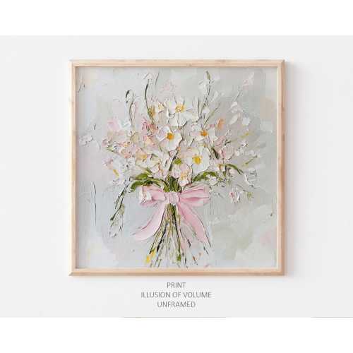 Wildflowers Oil Print Pink Bow Wall Art Flowers Bouquet Painting Neutral Beige Botanical PRINT from an original oil painting