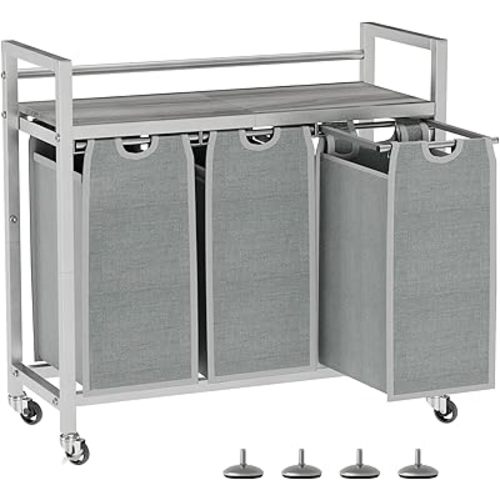Laundry Hamper, Laundry Basket, Laundry Sorter with 3 Removable Bags, Clothes Basket with 3 Compartments, Wheels, Shelf for Laundry Room Bathroom Bedroom (3 Bags-Gray)