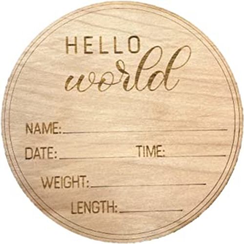 2OWLS Baby Birth Announcement Disc, Baby Birth Stat Plaque, Size 6" X 6", "Hello World" Newborn Sign. Baby Photography Prop and Keepsake. A Wooden Boho Baby Nursery.