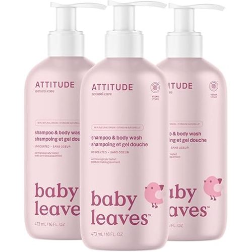 ATTITUDE 2-in-1 Shampoo and Body Wash for Baby, EWG Verified, Dermatologically Tested, Vegan, Unscented, 16 Fl Oz (Pack of 3)