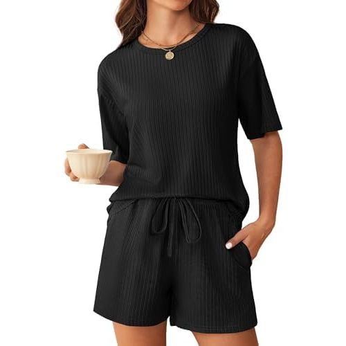Ekouaer Ribbed Knit Lounge Set Women Pajama Set Short Sleeve Top and Shorts Set Two Piece Shorts Outfits Set