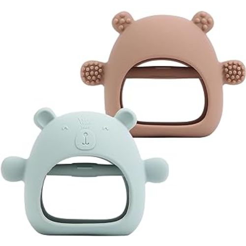 2 Pack Silicone Baby Teether Toy for Infants 3+ Months, Anti-Drop Silicone Baby Mitten Teether for Soothing Teething Pain Relief, Baby Chew Toys for Sucking Needs, (Moody Blue, Camamel)