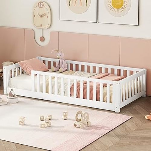 Twin Size Kids Montessori Floor Bed,Twin Floor Bed Frame with Slats,Solid Wood Twin Bed Frame for Girls Boys,White