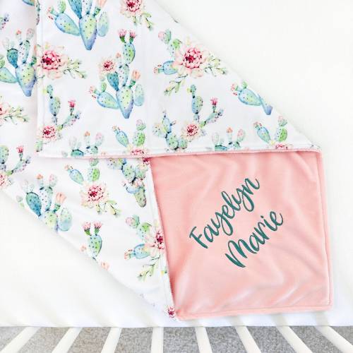LAST CHANCE - Personalized Baby Blanket - Minky Blanket with Embroidered Name - Boho Floral Cactus Print - Baby Girl Gift