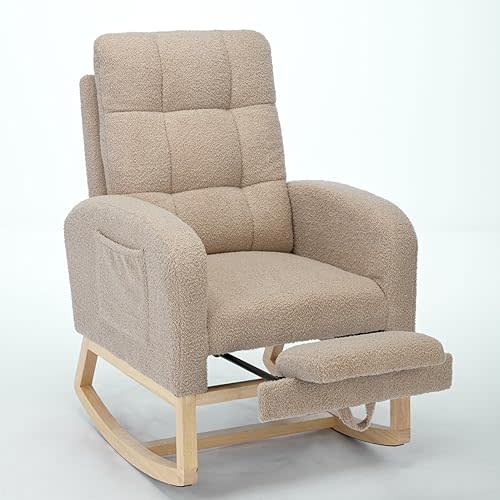 Rocking Chair for Nursery,Modern Accent Rocker Chair with Adjustable Footrest,Upholstered High Back Wooden Rocking Chair for Living Room Baby Room Bedroom (Gray)