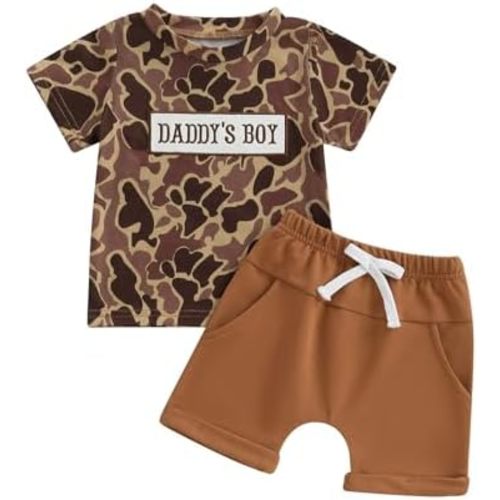 Toddler Baby Boy Summer Clothes Retro Embroidery Duck Hunting Shirts T-Shirt + Elastic Camouflage Shorts Set