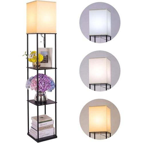 Floor Lamp with Shelves, Modern Square Standing Lamp with 3 Color Temperature Bulb, Corner Display Bookshelf Lamp for Living Room, Bedroom and Office (Black)