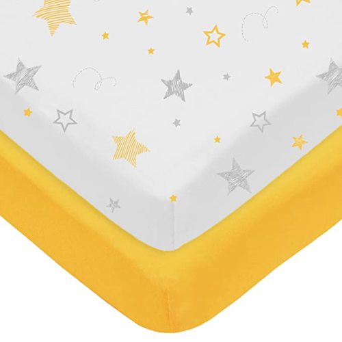 American Baby Company 2 Pack 100% Natural Cotton Fitted Mini Crib Sheets 38" x 24" - Soft & Breathable Small Nesting Portable Sheets, Fits Pack N Play Mattresses, Yellow Star/Yellow, for Boys & Girls