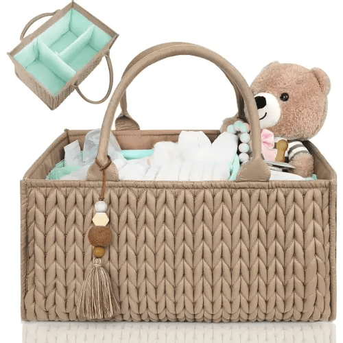 MOMINSIDE Diaper Caddy Organizer, Nursery Storage, Portable Changing Table Car Caddy - Girl Boy, Baby Registry, Newborn Essentials (Brown)